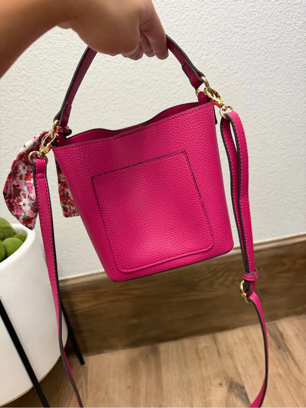 Nanette Lepore Hot Pink Bucket Crossbody with Scarf Accent